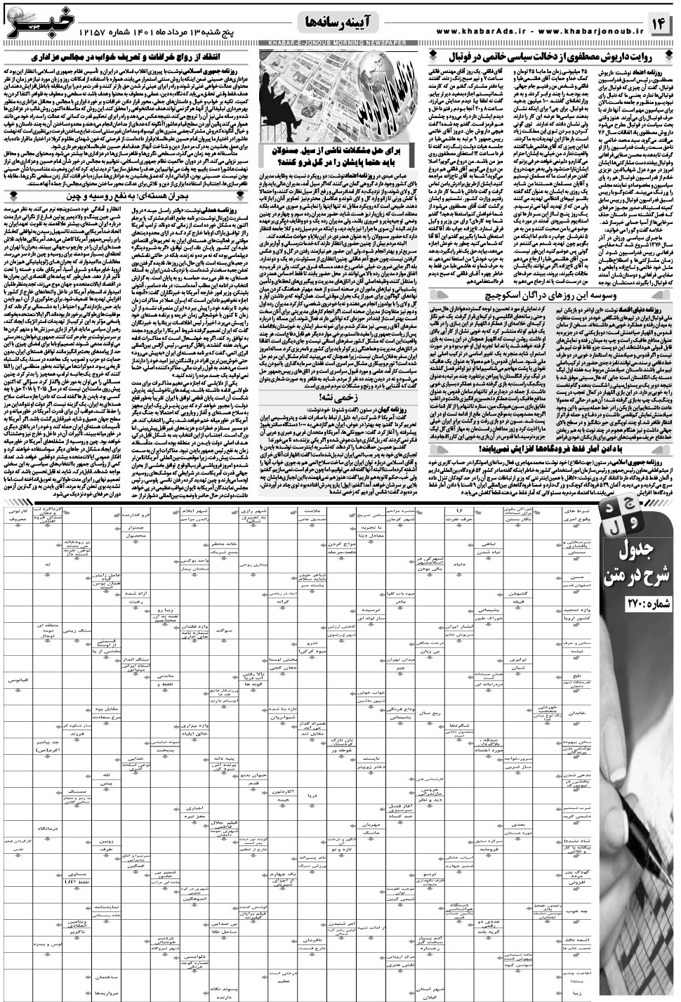 مشاهده صفحه ۱۴ روزنامه خبرجنوب تاریخ ۱۳  سال ۱۴۰۱