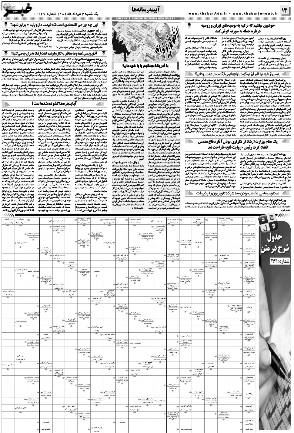 مشاهده صفحه ۱۴ روزنامه خبرجنوب تاریخ ۲  سال ۱۴۰۱