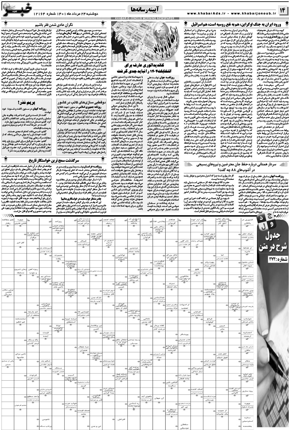 مشاهده صفحه ۱۴ روزنامه خبرجنوب تاریخ ۲۴  سال ۱۴۰۱