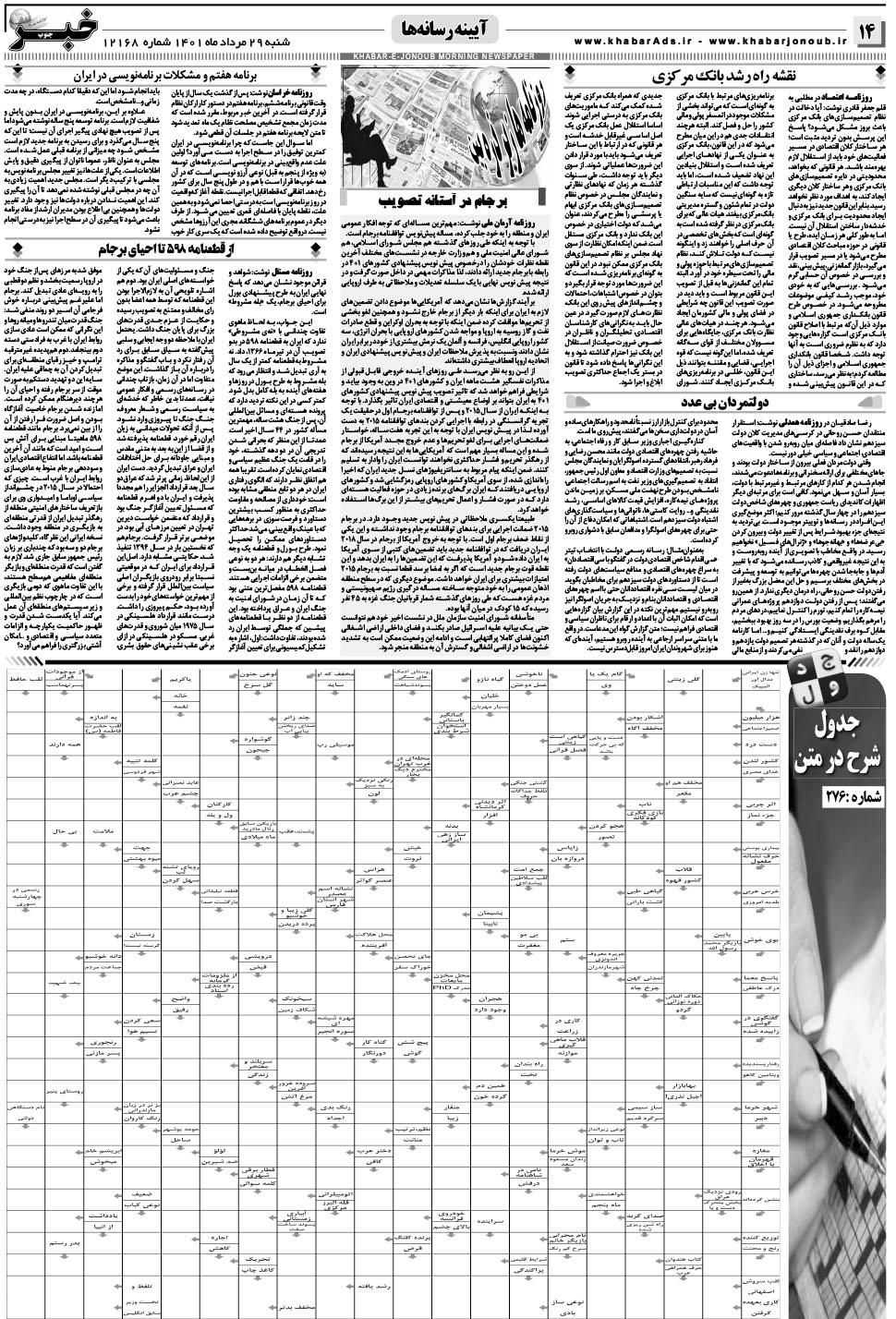 مشاهده صفحه ۱۴ روزنامه خبرجنوب تاریخ ۲۹  سال ۱۴۰۱