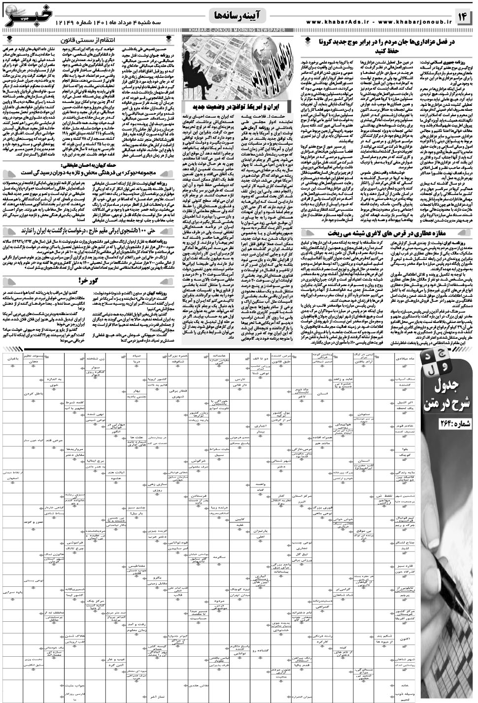 مشاهده صفحه ۱۴ روزنامه خبرجنوب تاریخ ۴  سال ۱۴۰۱