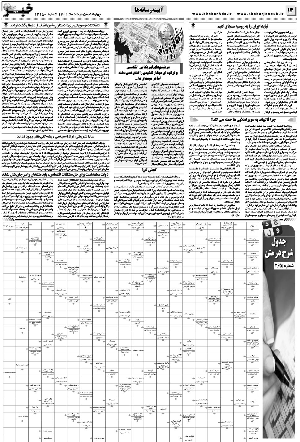 مشاهده صفحه ۱۴ روزنامه خبرجنوب تاریخ ۵  سال ۱۴۰۱