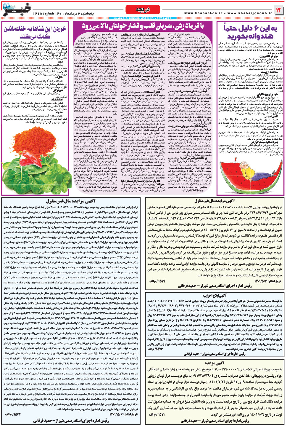مشاهده صفحه ۱۲ روزنامه خبرجنوب تاریخ ۶  سال ۱۴۰۱