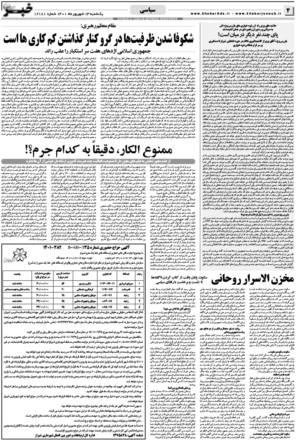 مشاهده صفحه ۴ روزنامه خبرجنوب تاریخ ۱۳  سال ۱۴۰۱