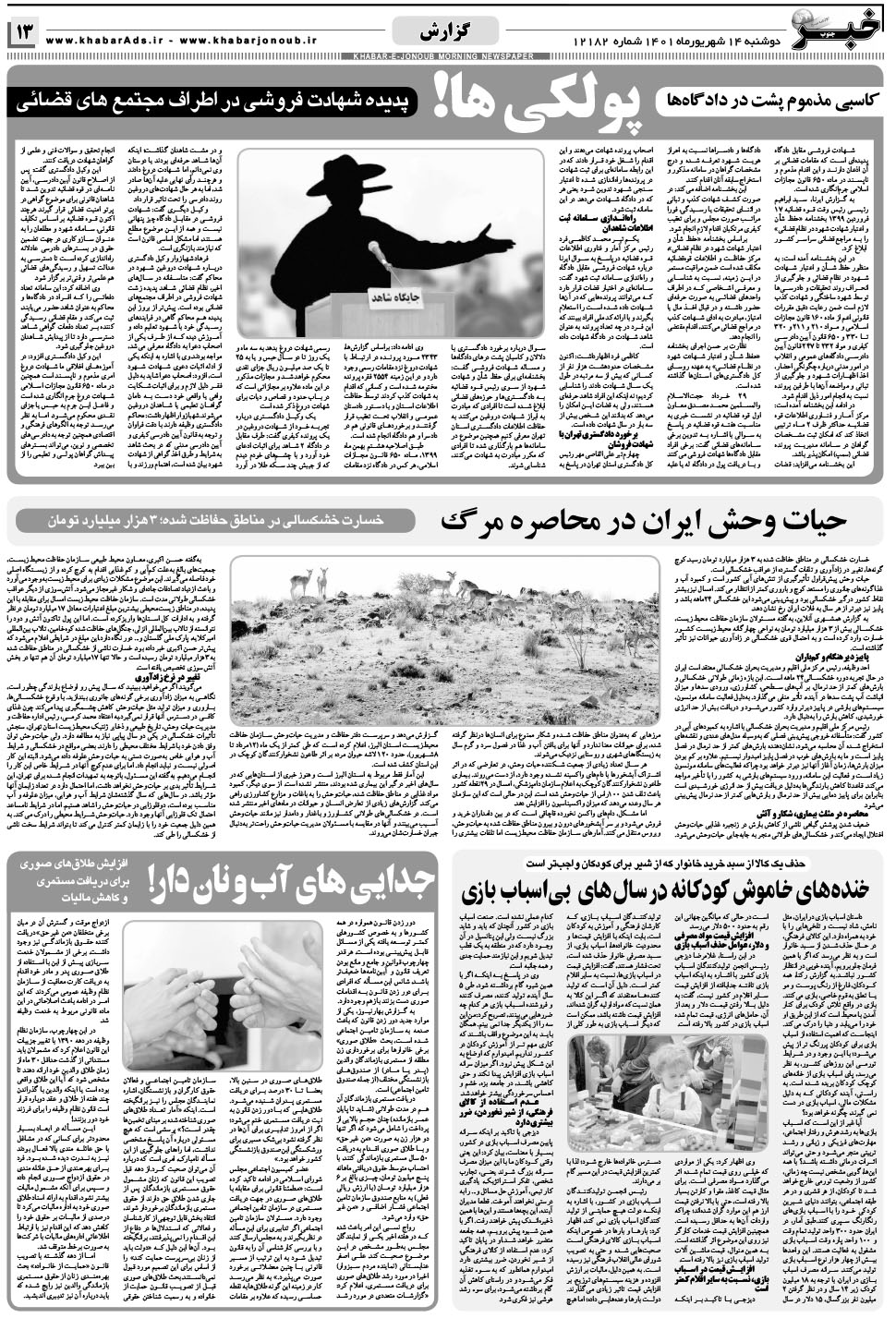 مشاهده صفحه ۱۳ روزنامه خبرجنوب تاریخ ۱۴  سال ۱۴۰۱