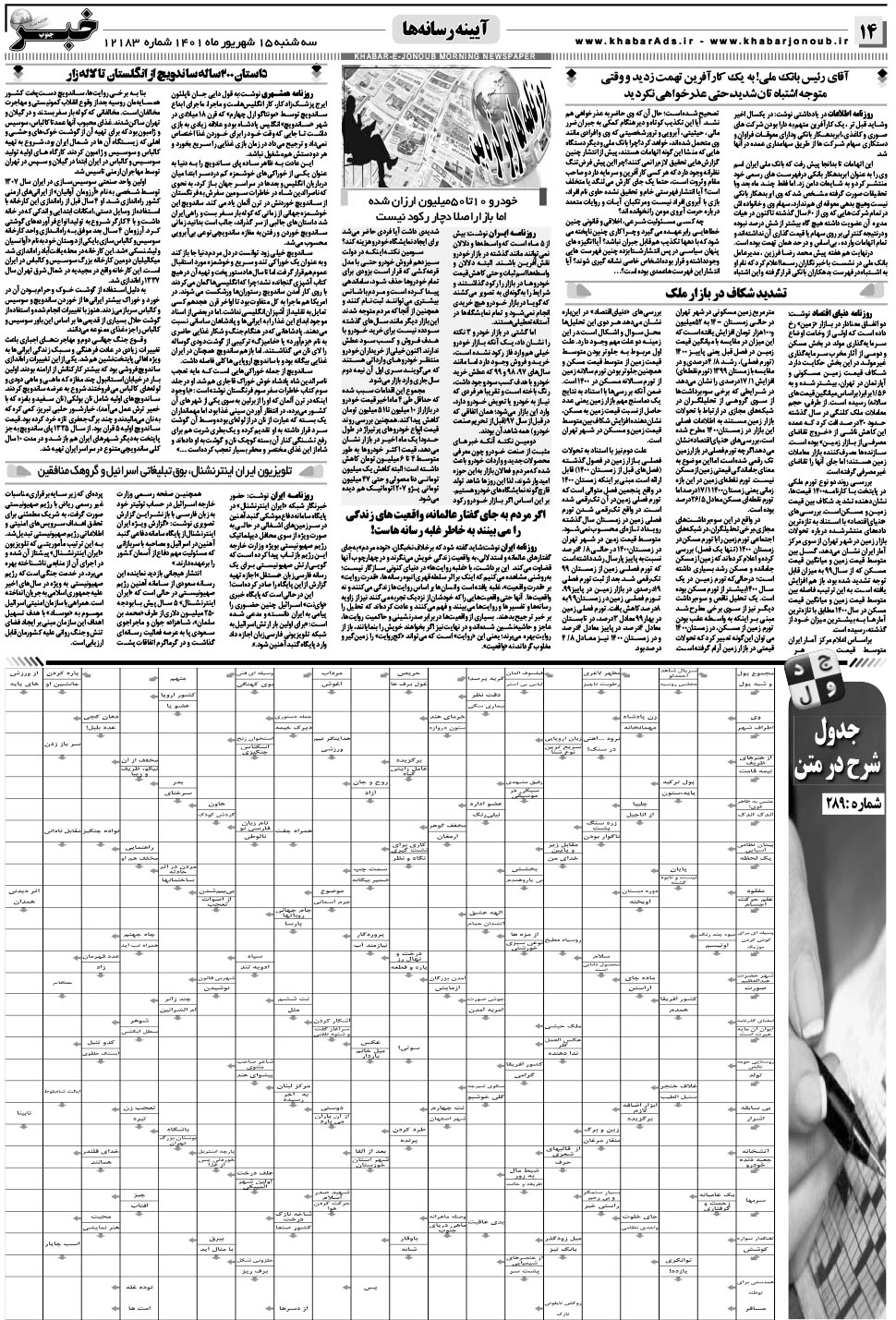 مشاهده صفحه ۱۴ روزنامه خبرجنوب تاریخ ۱۵  سال ۱۴۰۱