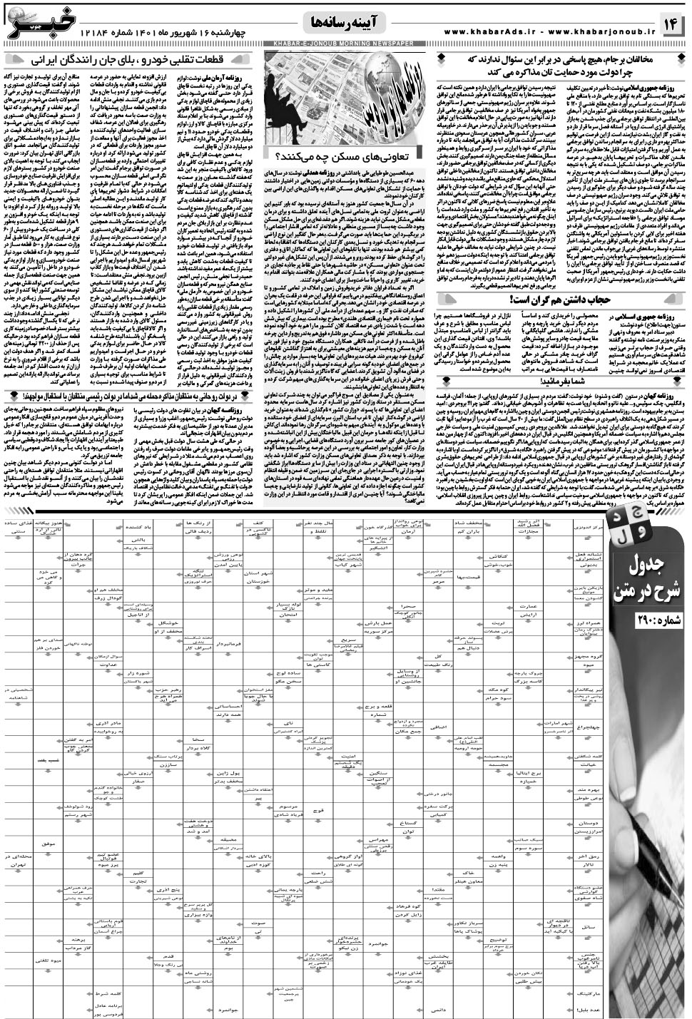 مشاهده صفحه ۱۴ روزنامه خبرجنوب تاریخ ۱۶  سال ۱۴۰۱