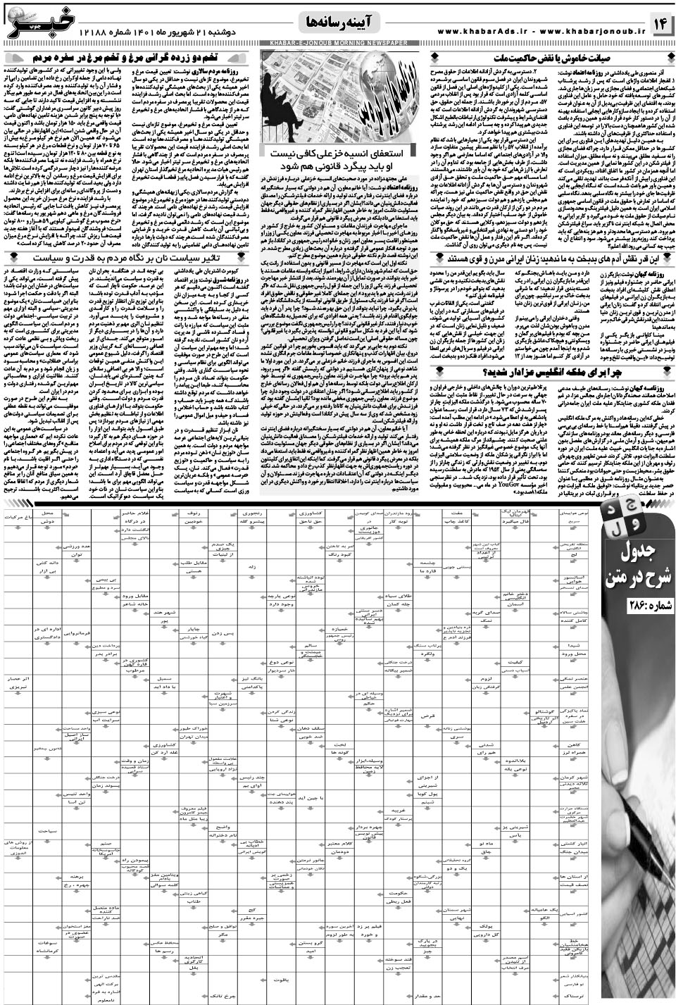 مشاهده صفحه ۱۴ روزنامه خبرجنوب تاریخ ۲۱  سال ۱۴۰۱