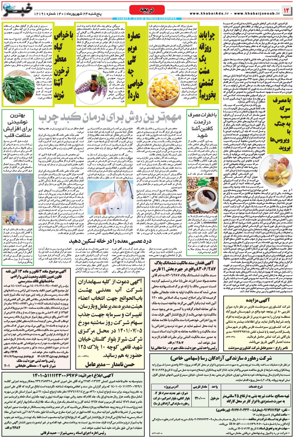 مشاهده صفحه ۱۲ روزنامه خبرجنوب تاریخ ۲۴  سال ۱۴۰۱