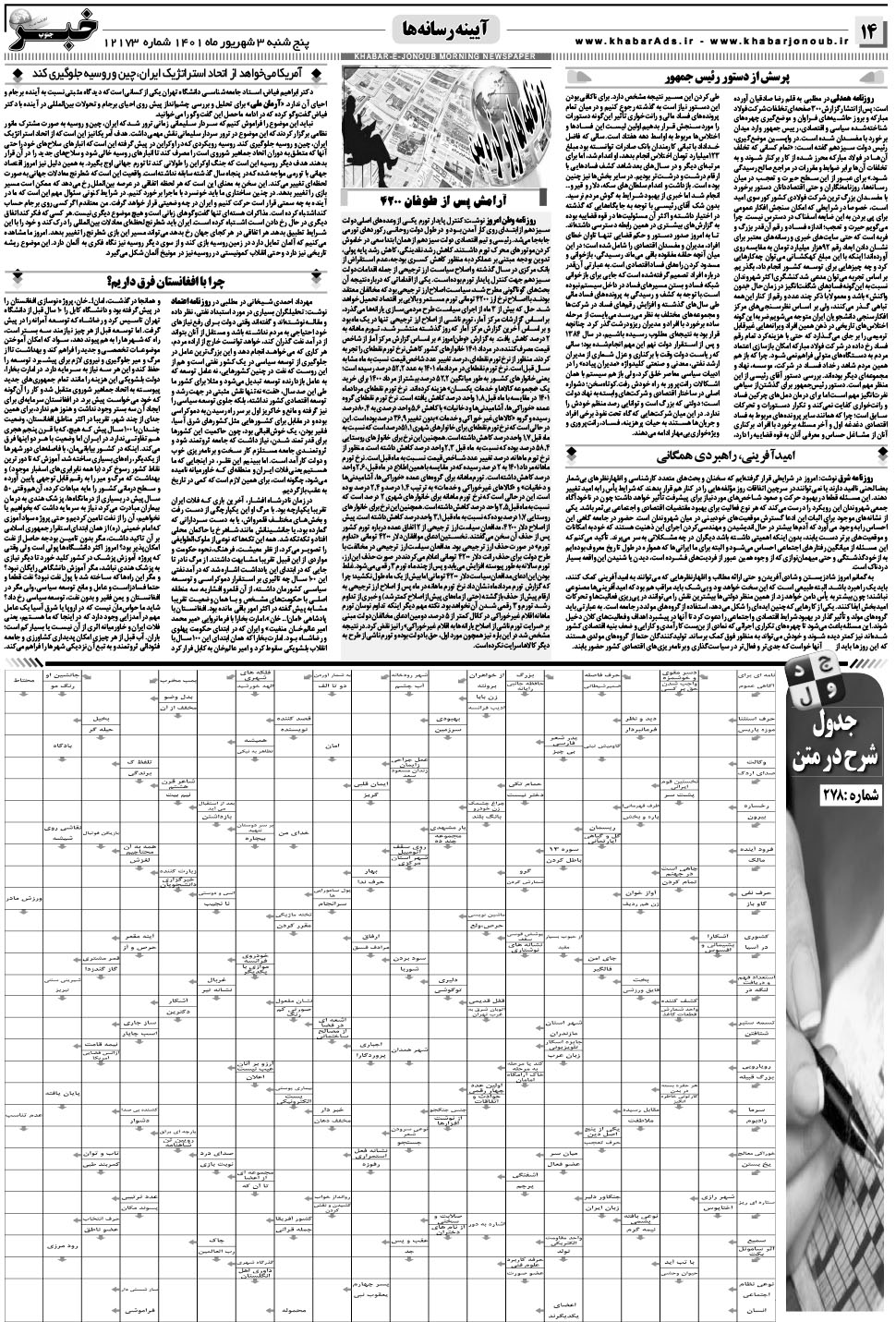 مشاهده صفحه ۱۴ روزنامه خبرجنوب تاریخ ۳  سال ۱۴۰۱