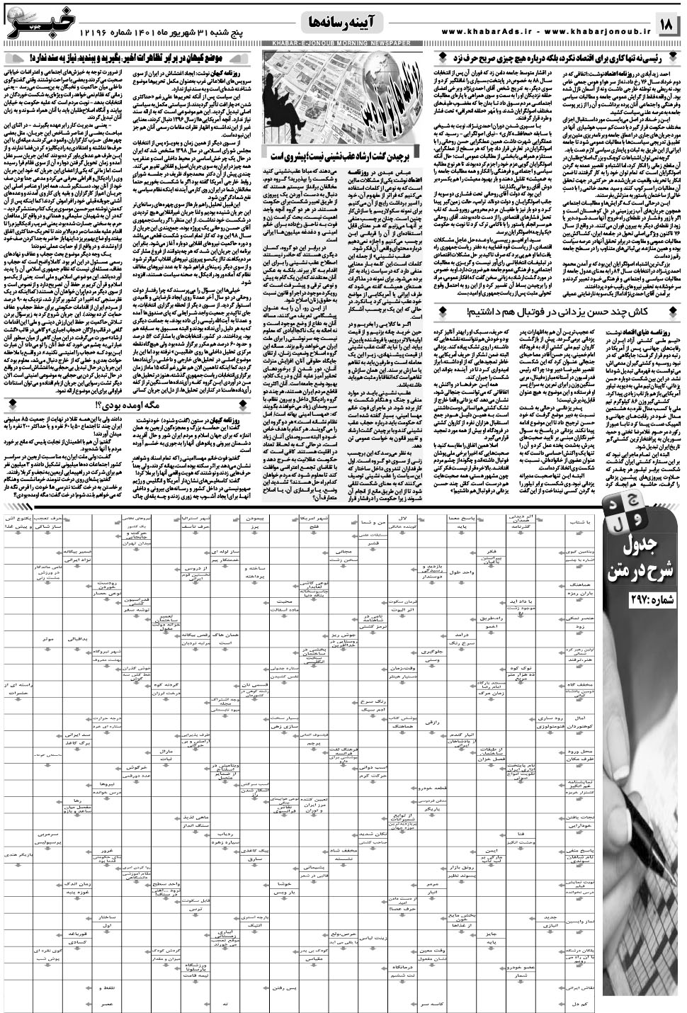 مشاهده صفحه ۱۸ روزنامه خبرجنوب تاریخ ۳۱  سال ۱۴۰۱