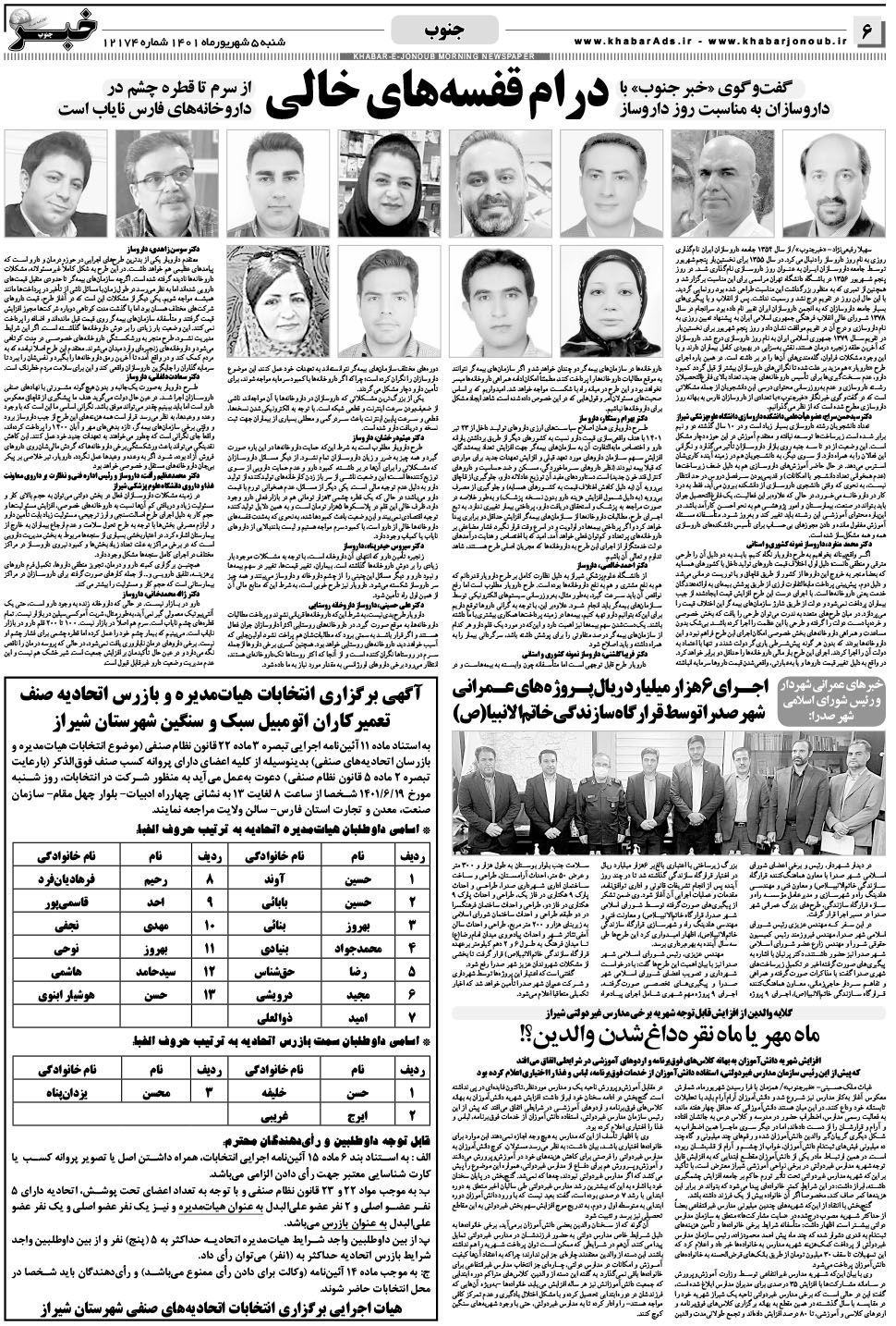 مشاهده صفحه ۶ روزنامه خبرجنوب تاریخ ۵  سال ۱۴۰۱
