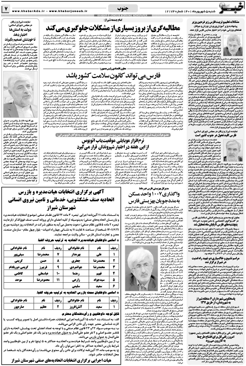 مشاهده صفحه ۷ روزنامه خبرجنوب تاریخ ۵  سال ۱۴۰۱