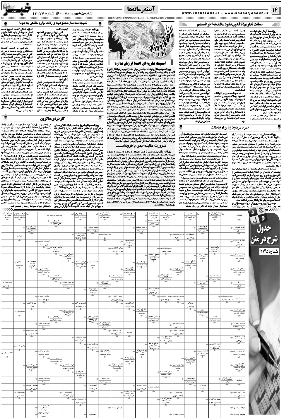 مشاهده صفحه ۱۴ روزنامه خبرجنوب تاریخ ۵  سال ۱۴۰۱