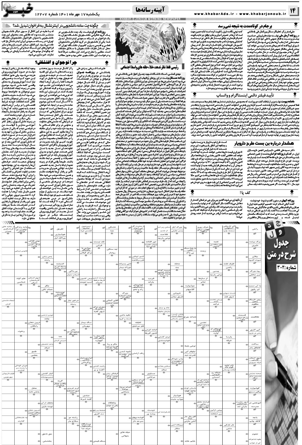 مشاهده صفحه ۱۴ روزنامه خبرجنوب تاریخ ۱۷  سال ۱۴۰۱