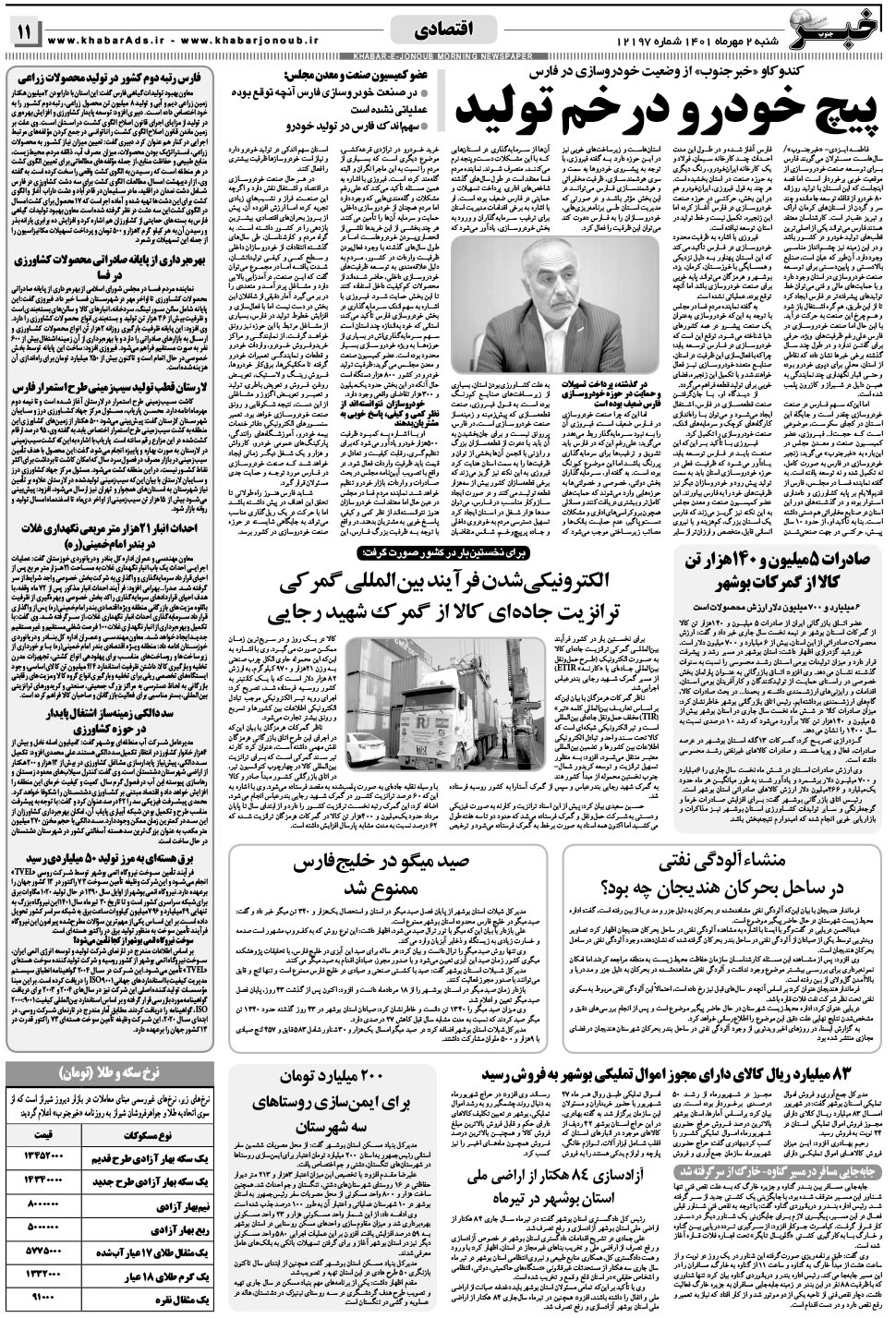 مشاهده صفحه ۱۱ روزنامه خبرجنوب تاریخ ۲  سال ۱۴۰۱