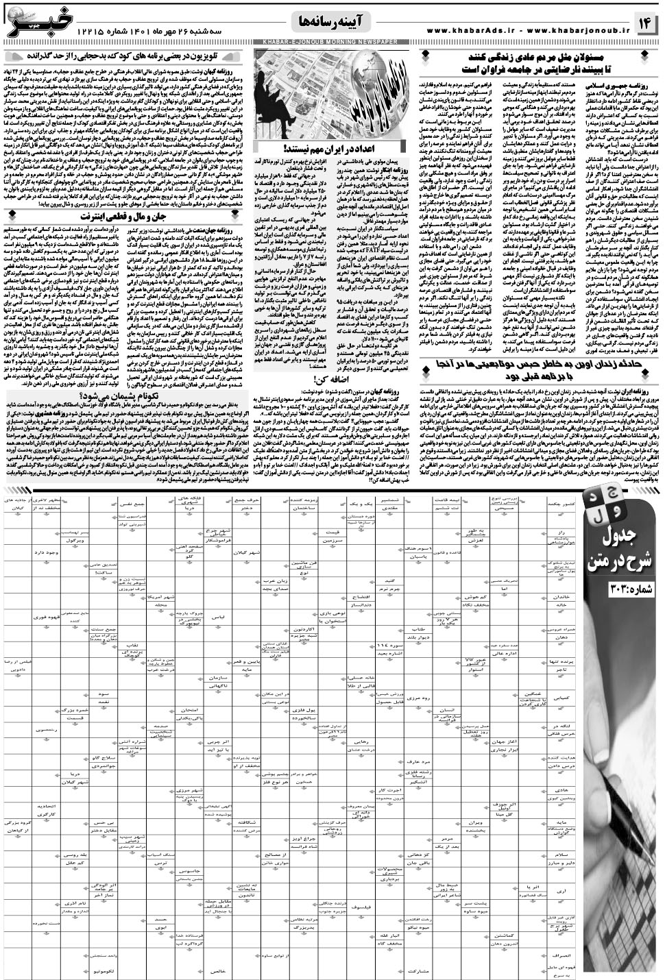 مشاهده صفحه ۱۴ روزنامه خبرجنوب تاریخ ۲۶  سال ۱۴۰۱