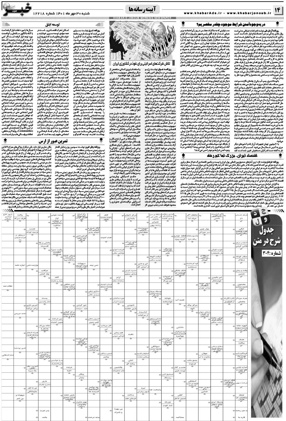 مشاهده صفحه ۱۴ روزنامه خبرجنوب تاریخ ۳۰  سال ۱۴۰۱