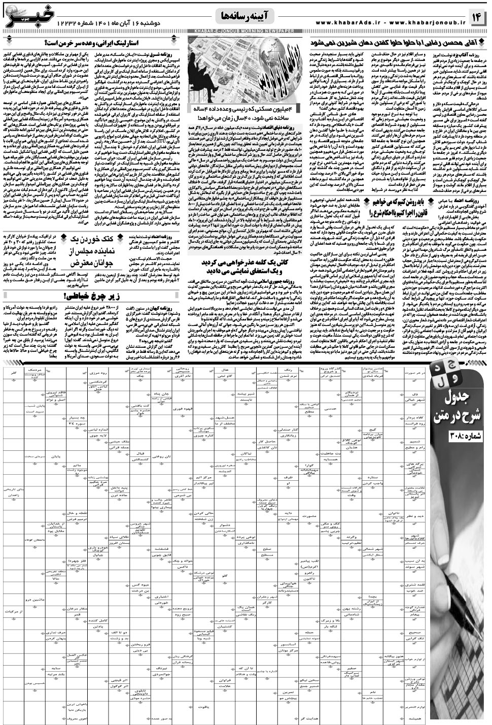 مشاهده صفحه ۱۴ روزنامه خبرجنوب تاریخ ۱۶  سال ۱۴۰۱