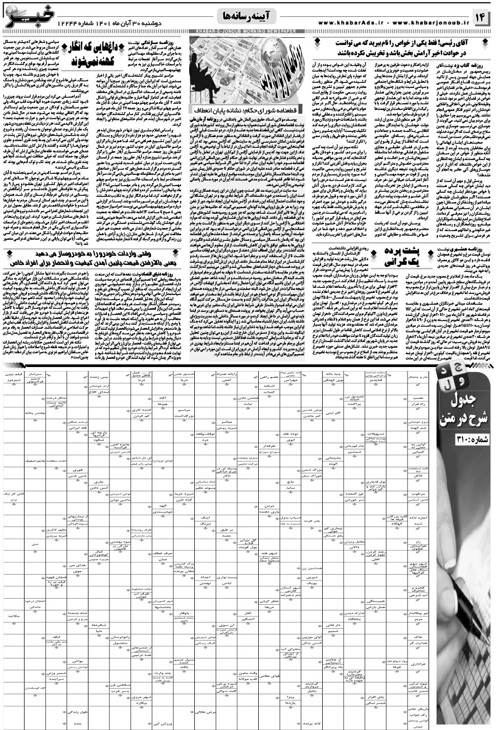 مشاهده صفحه ۱۴ روزنامه خبرجنوب تاریخ ۳۰  سال ۱۴۰۱