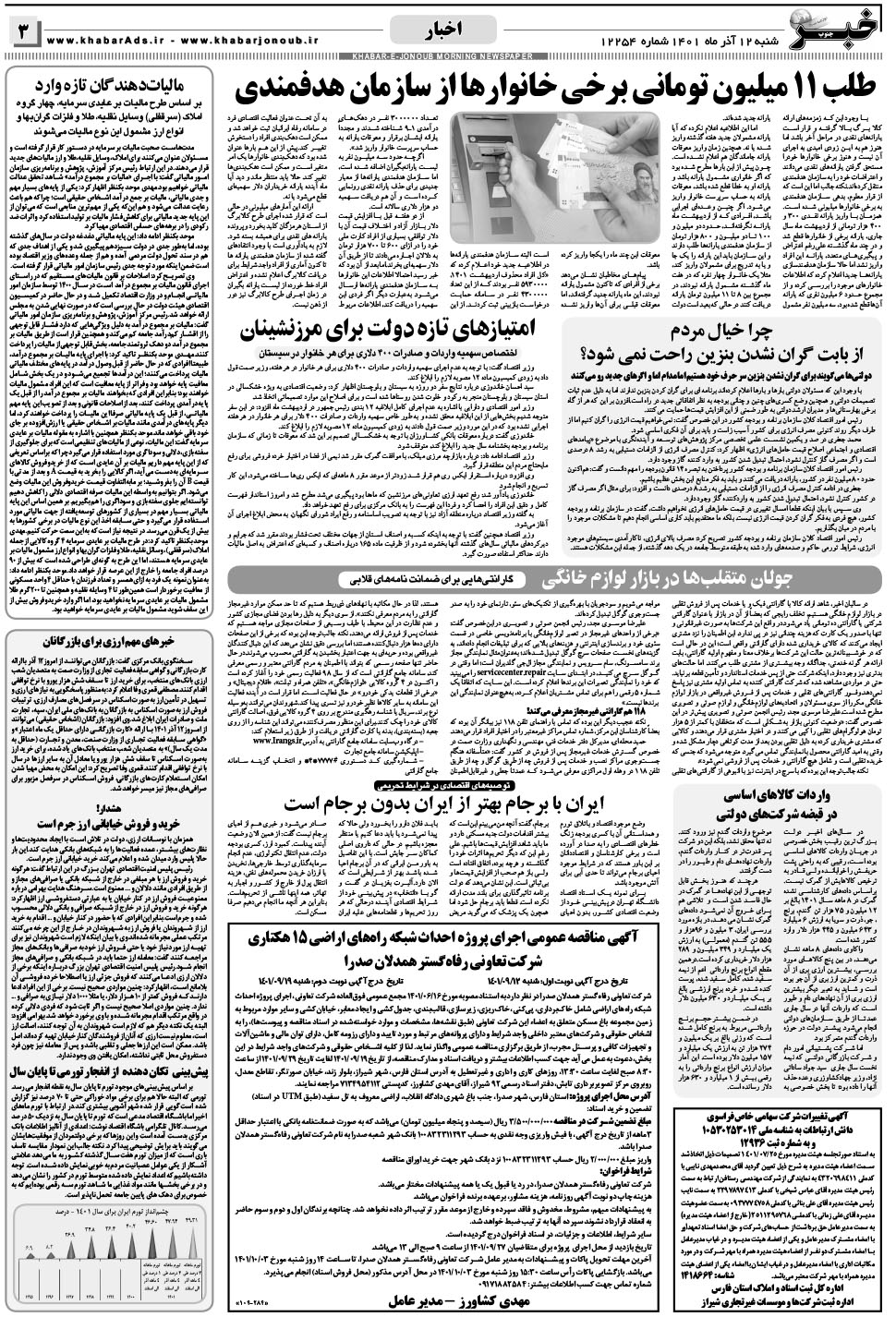 مشاهده صفحه ۳ روزنامه خبرجنوب تاریخ ۱۲  سال ۱۴۰۱