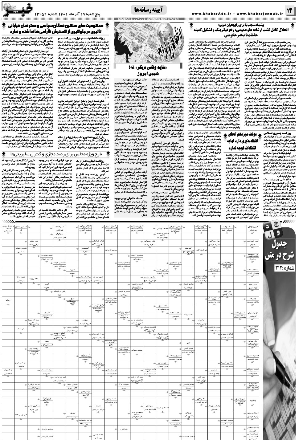 مشاهده صفحه ۱۴ روزنامه خبرجنوب تاریخ ۱۷  سال ۱۴۰۱