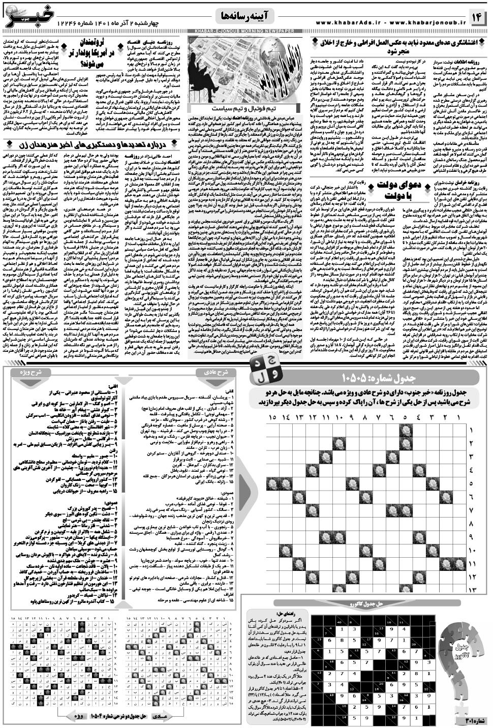 مشاهده صفحه ۱۴ روزنامه خبرجنوب تاریخ ۲  سال ۱۴۰۱