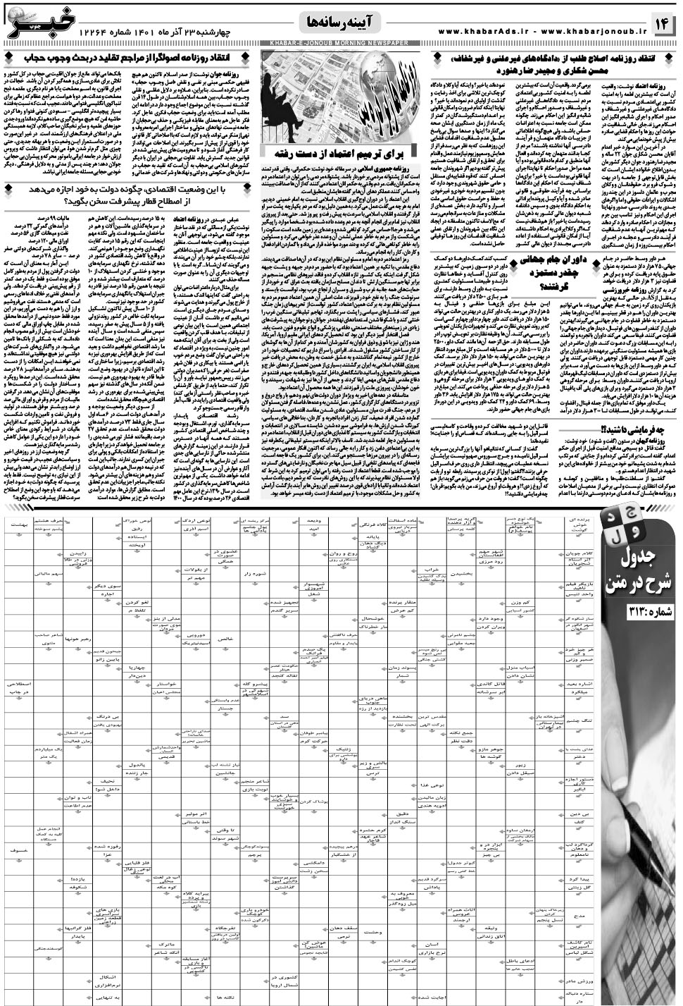 مشاهده صفحه ۱۴ روزنامه خبرجنوب تاریخ ۲۳  سال ۱۴۰۱