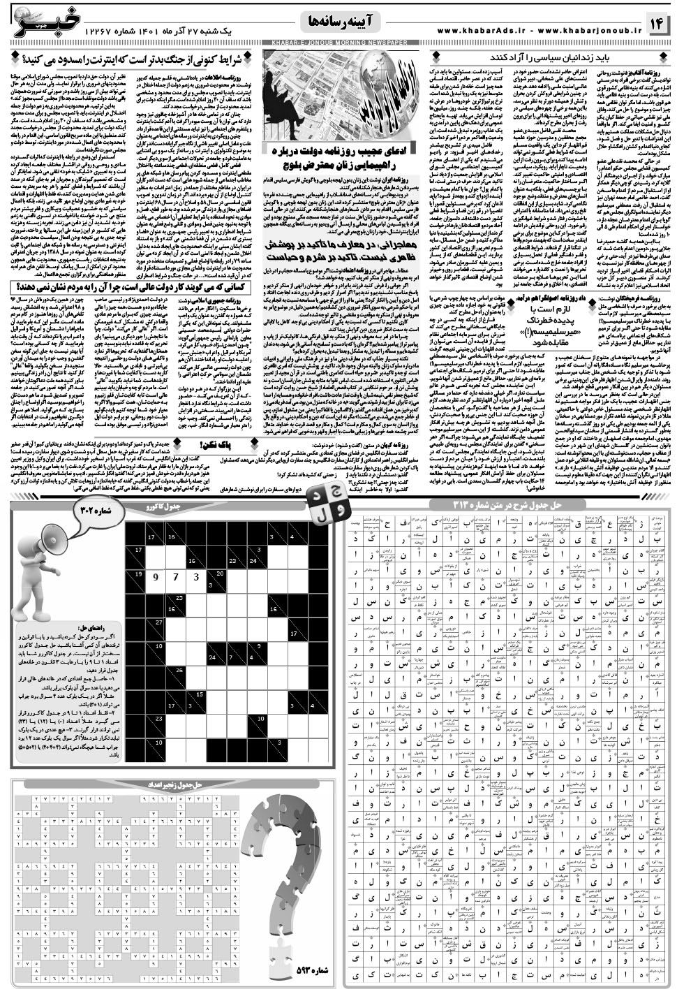 مشاهده صفحه ۱۴ روزنامه خبرجنوب تاریخ ۲۷  سال ۱۴۰۱