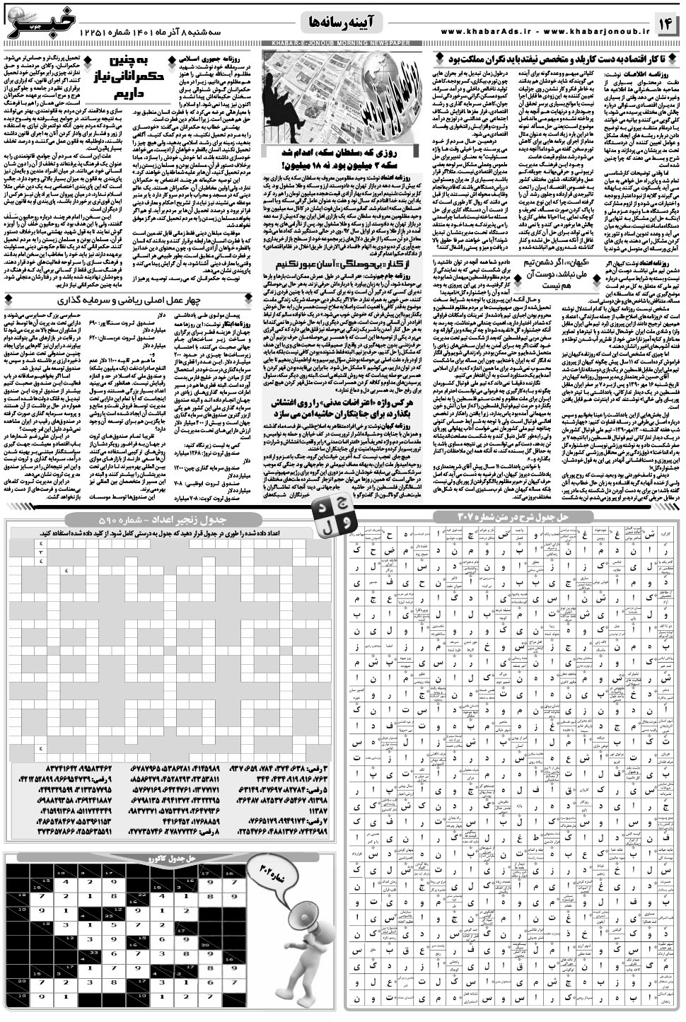 مشاهده صفحه ۱۴ روزنامه خبرجنوب تاریخ ۸  سال ۱۴۰۱