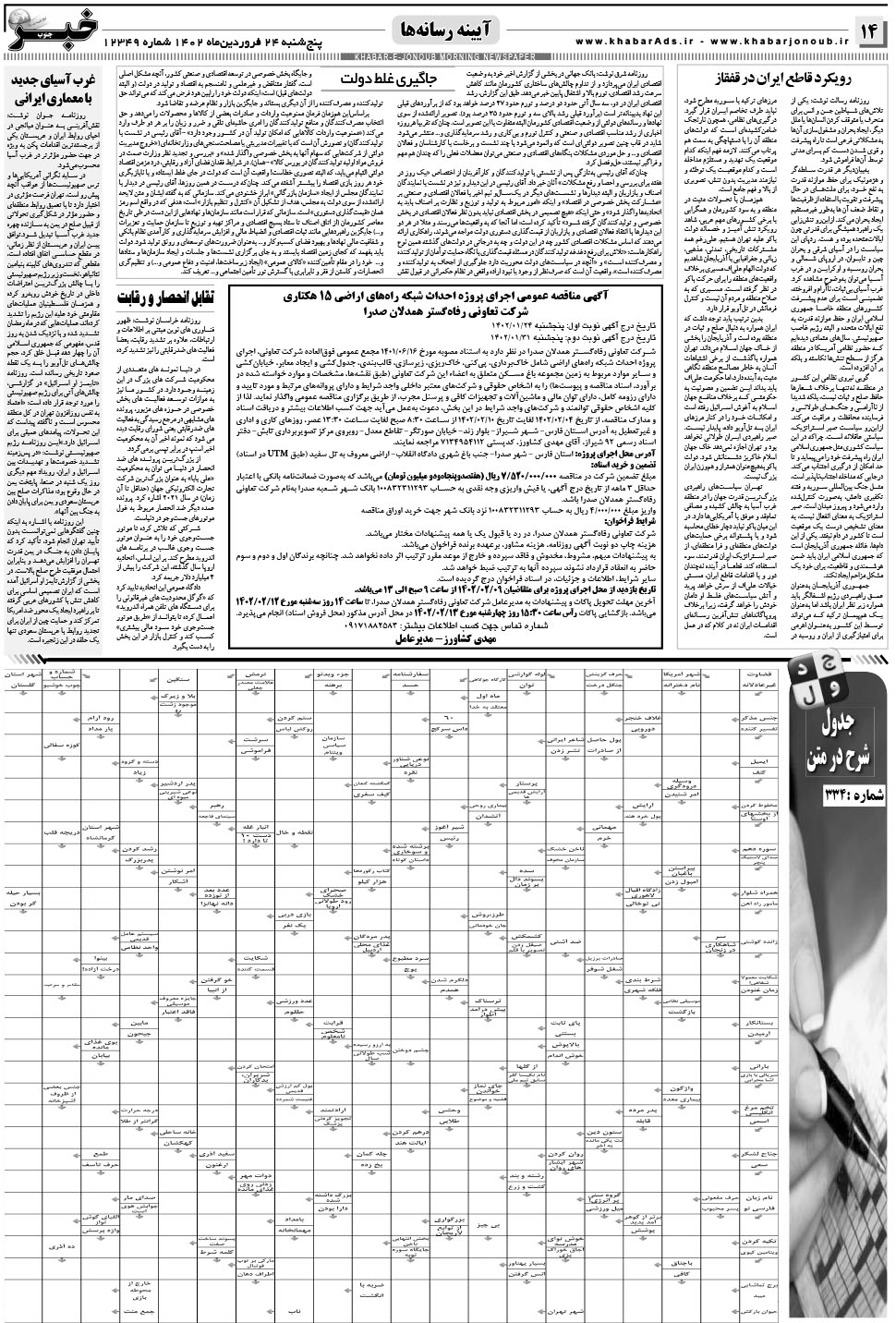 مشاهده صفحه ۱۴ روزنامه خبرجنوب تاریخ ۲۴  سال ۱۴۰۲
