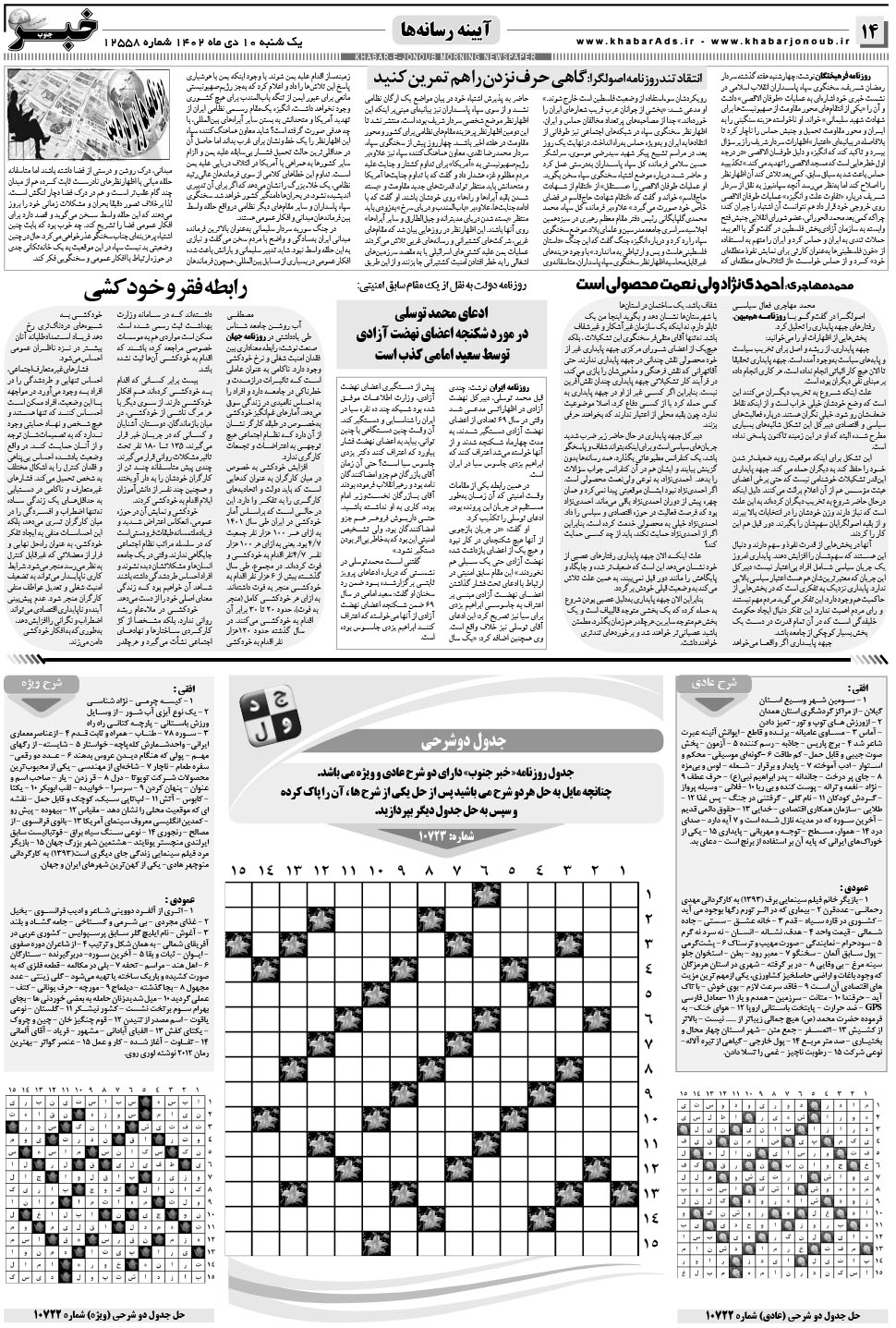 مشاهده صفحه ۱۴ روزنامه خبرجنوب تاریخ ۱۰ دی سال ۱۴۰۲