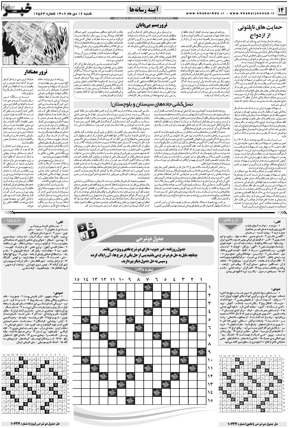 مشاهده صفحه ۱۴ روزنامه خبرجنوب تاریخ ۱۶ دی سال ۱۴۰۲