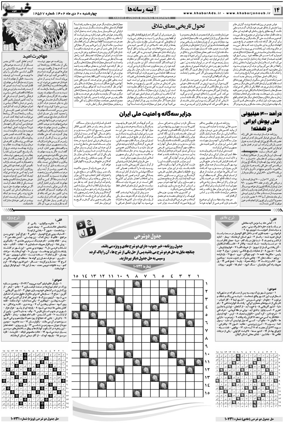 مشاهده صفحه ۱۴ روزنامه خبرجنوب تاریخ ۲۰ دی سال ۱۴۰۲
