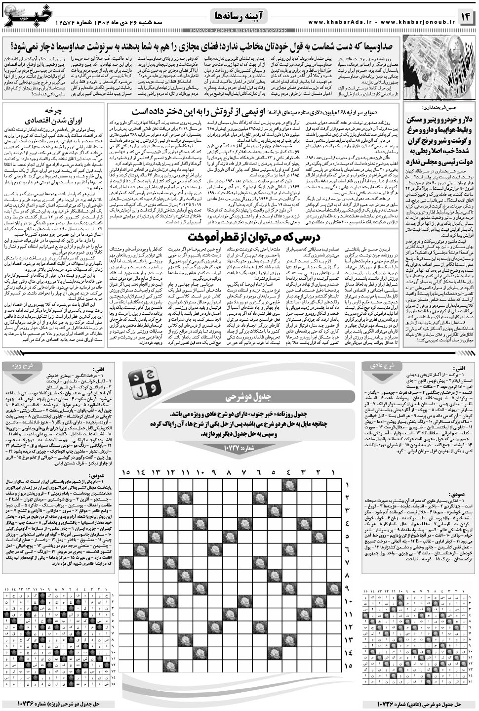 مشاهده صفحه ۱۴ روزنامه خبرجنوب تاریخ ۲۶ دی سال ۱۴۰۲