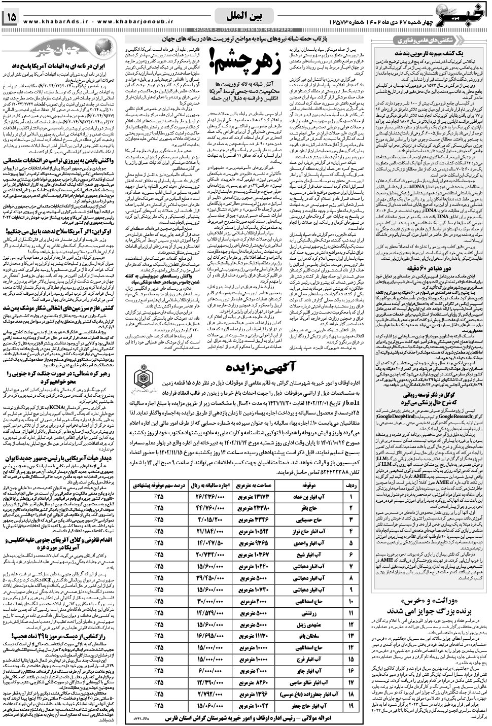 مشاهده صفحه ۱۵ روزنامه خبرجنوب تاریخ ۲۷ دی سال ۱۴۰۲