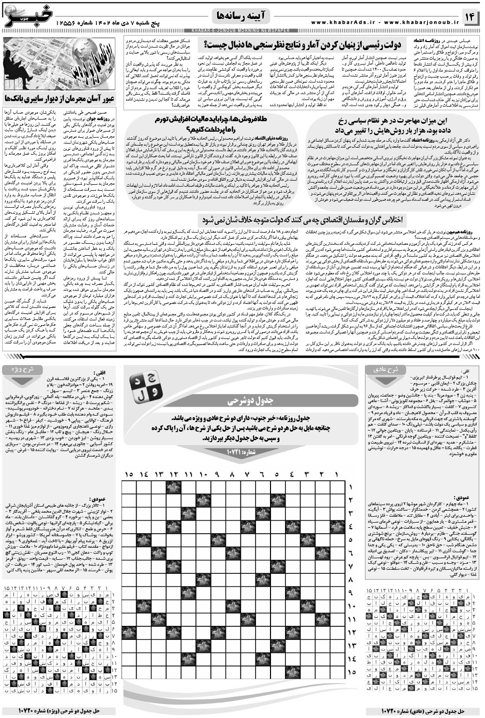 مشاهده صفحه ۱۴ روزنامه خبرجنوب تاریخ ۷ دی سال ۱۴۰۲