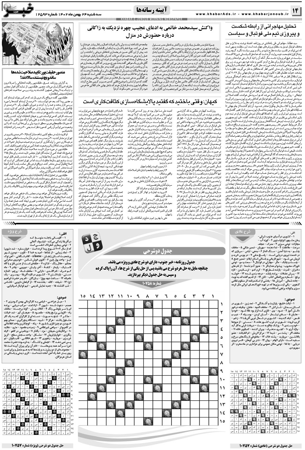 مشاهده صفحه ۱۴ روزنامه خبرجنوب تاریخ ۲۴ بهمن سال ۱۴۰۲
