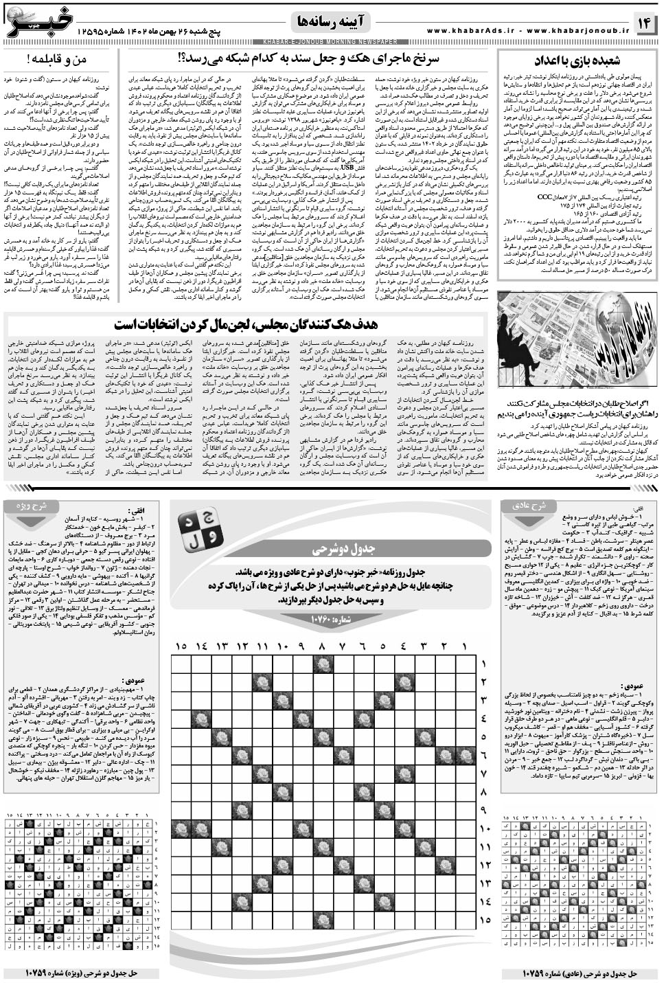 مشاهده صفحه ۱۴ روزنامه خبرجنوب تاریخ ۲۶ بهمن سال ۱۴۰۲