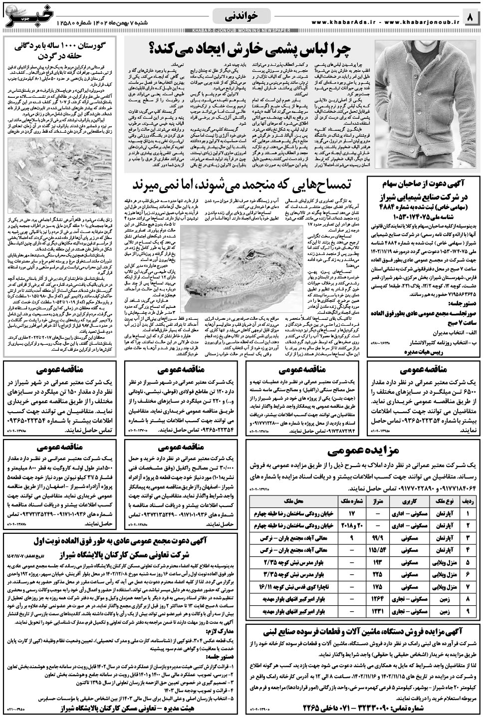 مشاهده صفحه ۸ روزنامه خبرجنوب تاریخ ۵ بهمن سال ۱۴۰۲