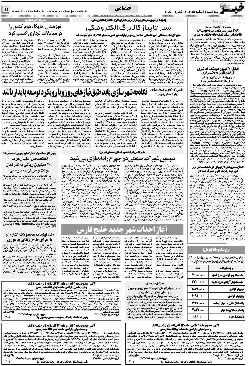 مشاهده صفحه ۱۱ روزنامه خبرجنوب تاریخ ۱ اسفند سال ۱۴۰۲