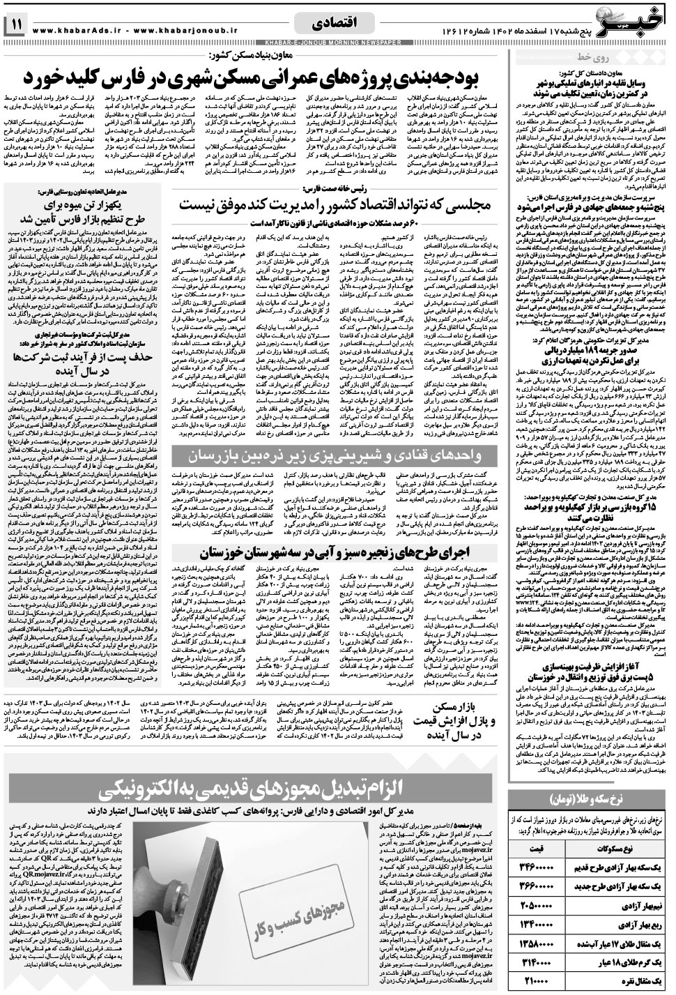 مشاهده صفحه ۱۱ روزنامه خبرجنوب تاریخ ۱۷ اسفند سال ۱۴۰۲