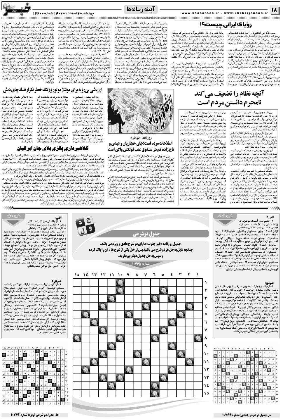مشاهده صفحه ۱۸ روزنامه خبرجنوب تاریخ ۲ اسفند سال ۱۴۰۲
