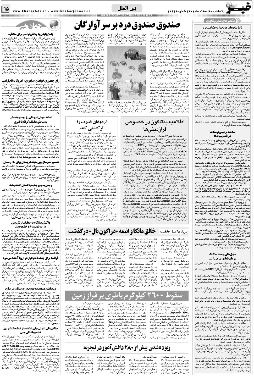 مشاهده صفحه ۱۵ روزنامه خبرجنوب تاریخ ۲۰ اسفند سال ۱۴۰۲