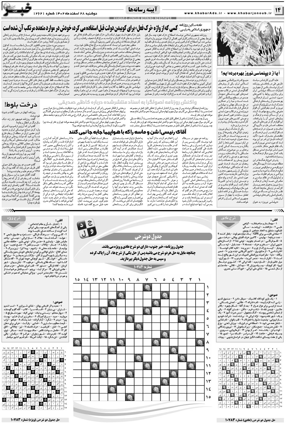 مشاهده صفحه ۱۴ روزنامه خبرجنوب تاریخ ۲۸ اسفند سال ۱۴۰۲