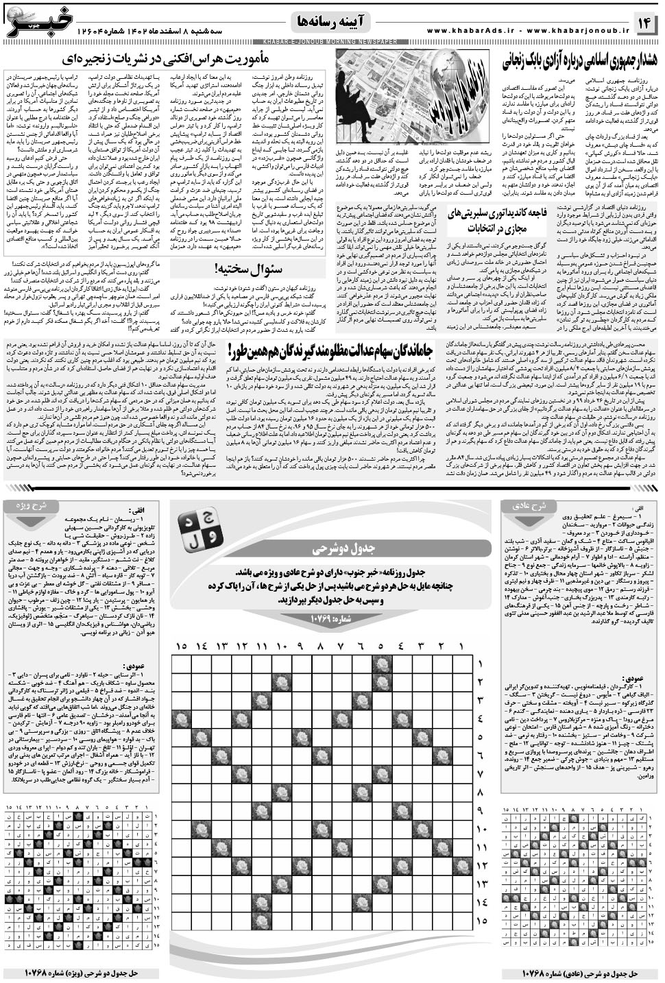 مشاهده صفحه ۱۴ روزنامه خبرجنوب تاریخ ۸ اسفند سال ۱۴۰۲
