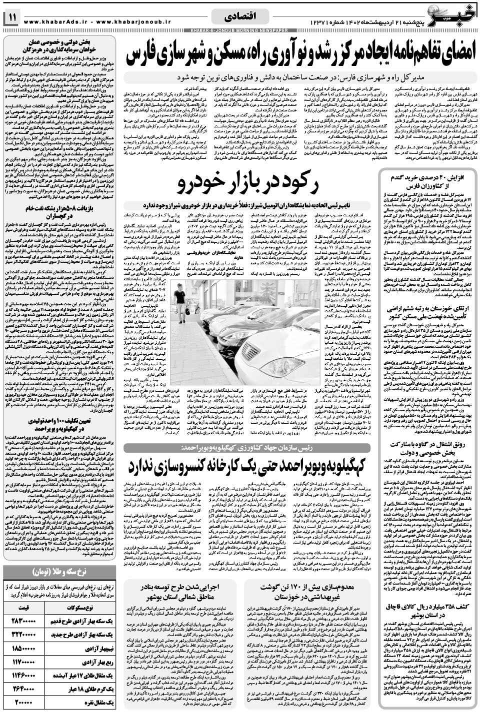 مشاهده صفحه ۱۱ روزنامه خبرجنوب تاریخ ۲۱  سال ۱۴۰۲