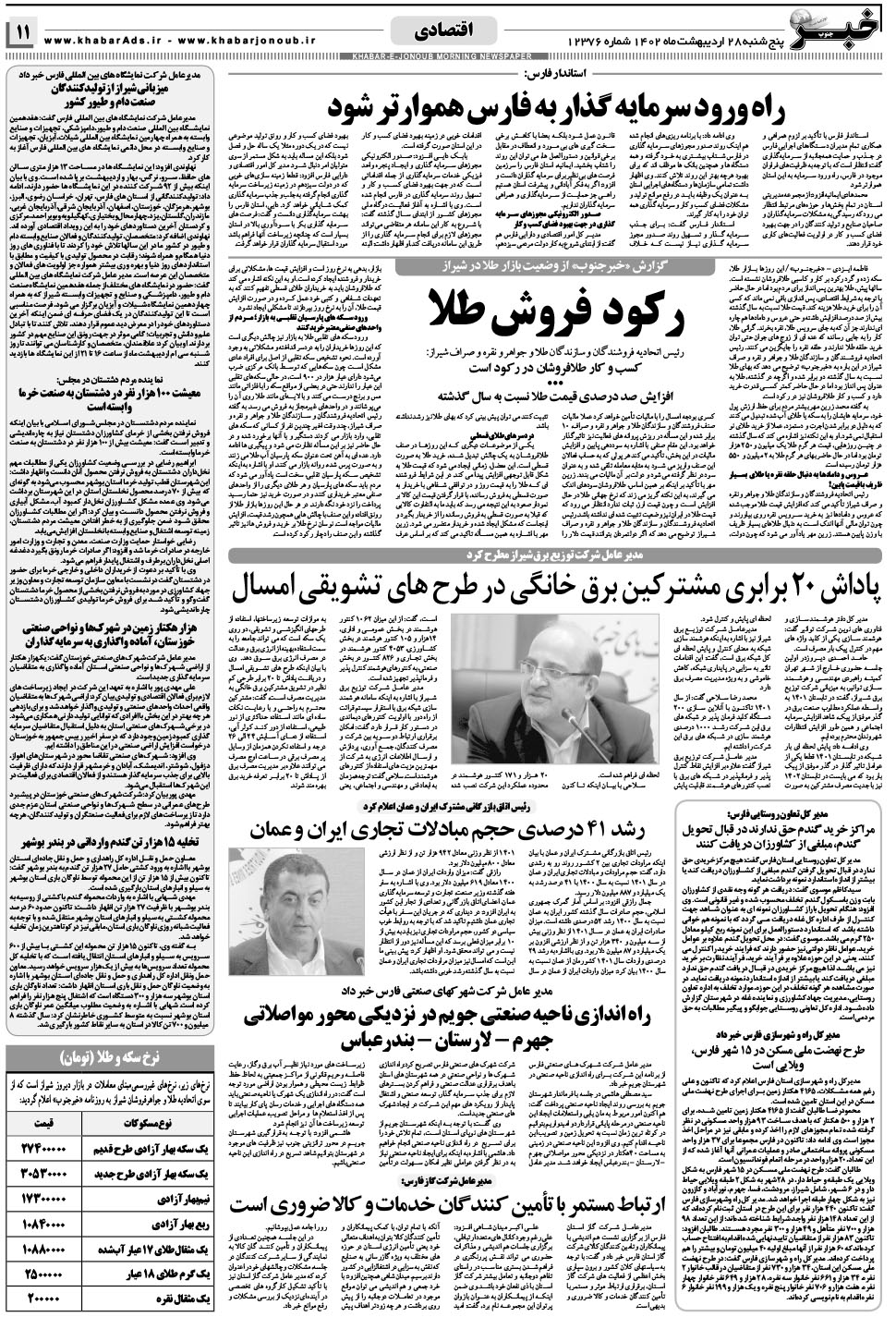 مشاهده صفحه ۱۱ روزنامه خبرجنوب تاریخ ۲۸  سال ۱۴۰۲