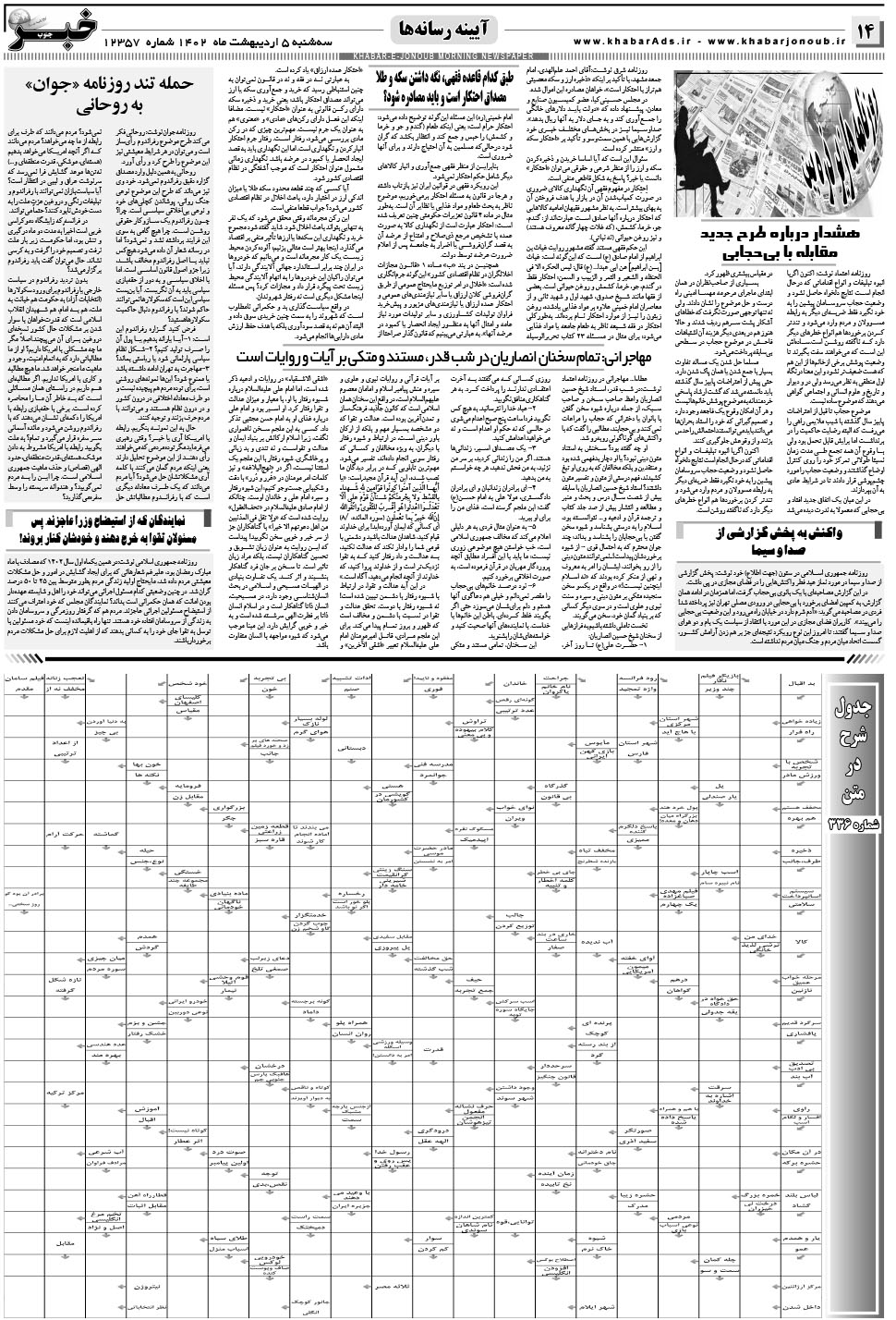 مشاهده صفحه ۱۴ روزنامه خبرجنوب تاریخ ۵  سال ۱۴۰۲