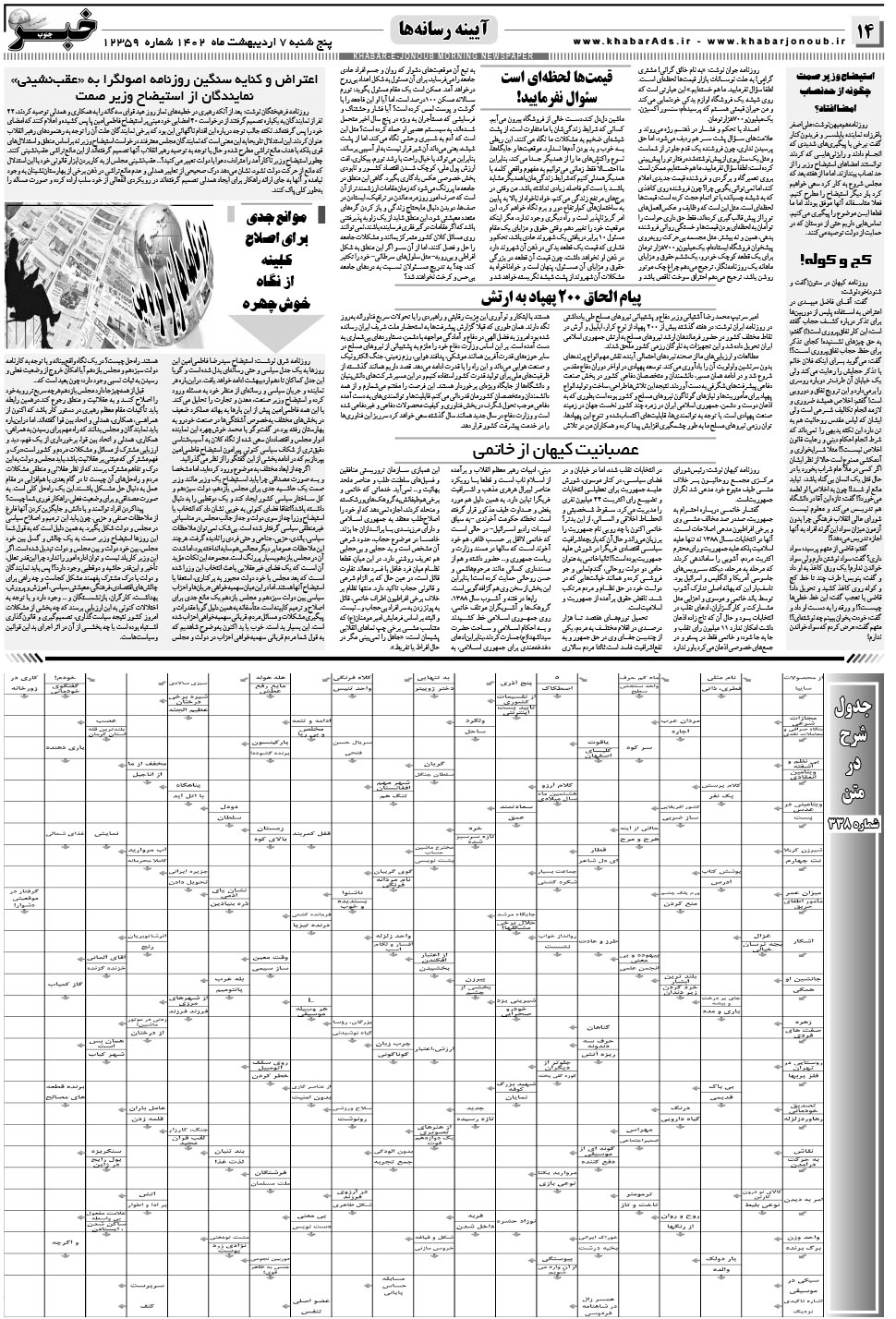 مشاهده صفحه ۱۴ روزنامه خبرجنوب تاریخ ۷  سال ۱۴۰۲